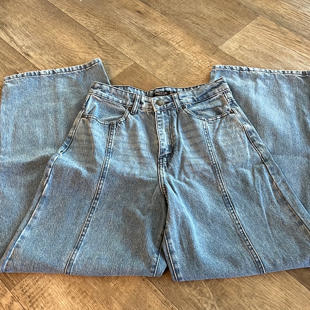 Organic denim stitch front wide leg jeans